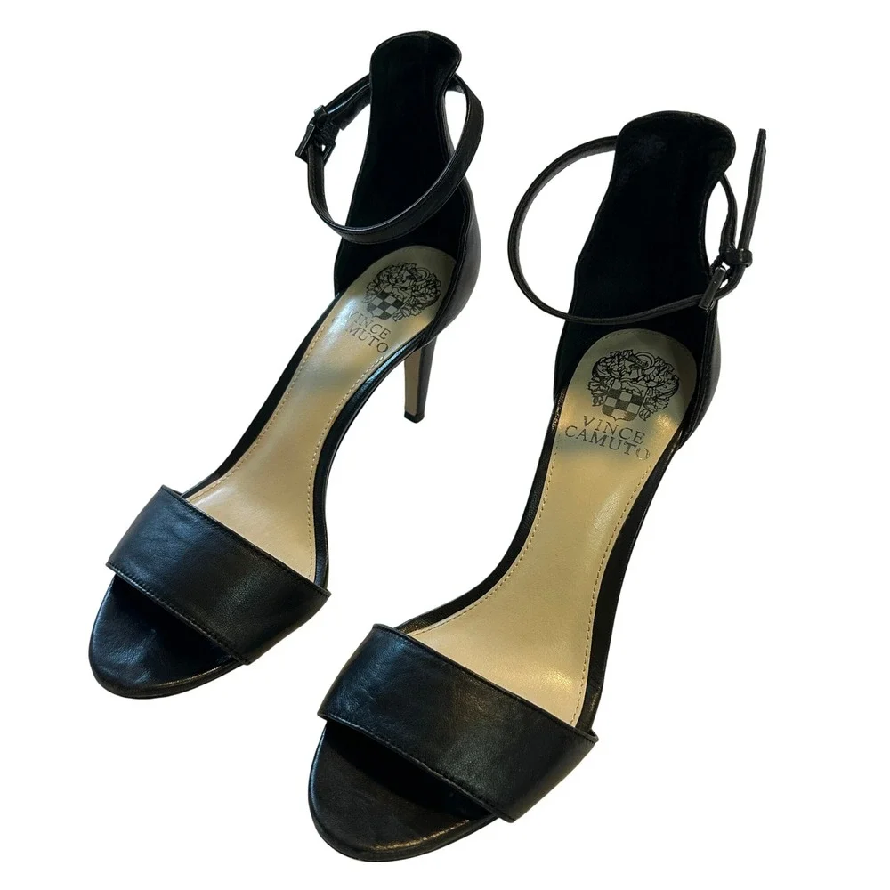 Vince Camuto Black Leather Ankle Strap Stiletto Heels Open Toe Womens 7M 37